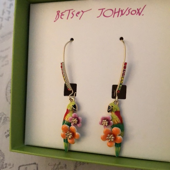 Betsey Johnson Gold Tone Rainbow Enamel Parrot & Flower Drop Earrings NIB - Picture 5 of 16